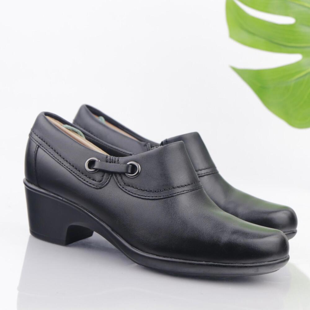 Clarks Womens Genette Danby Boots Size 8 M Black Leather Block Heel Bootie Comfy